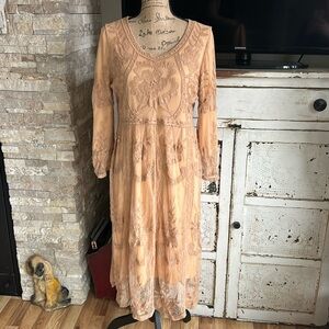 Orange Creek lined lace embroidered scalloped hem boho hippie dress tan/orange